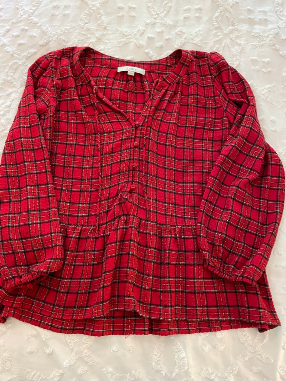 LOFT Red Plaid Peasant Blouse
